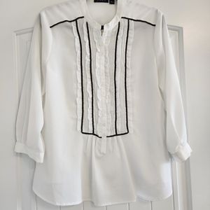 Sioni Trim Ruffle White & Black Blouse Size Large 💖